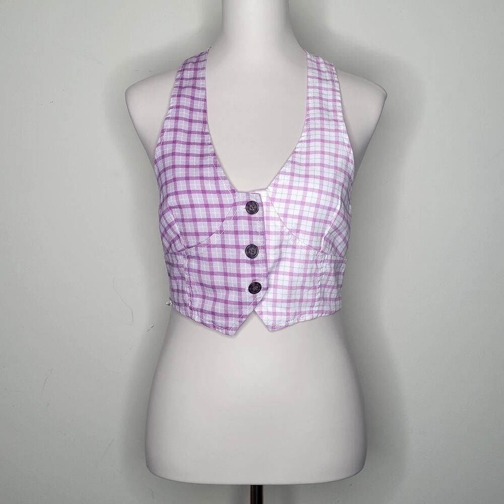Forever 21 Sz M Lavender Fog Purple Plaid Halter Top Vest‎ Boho NWOT